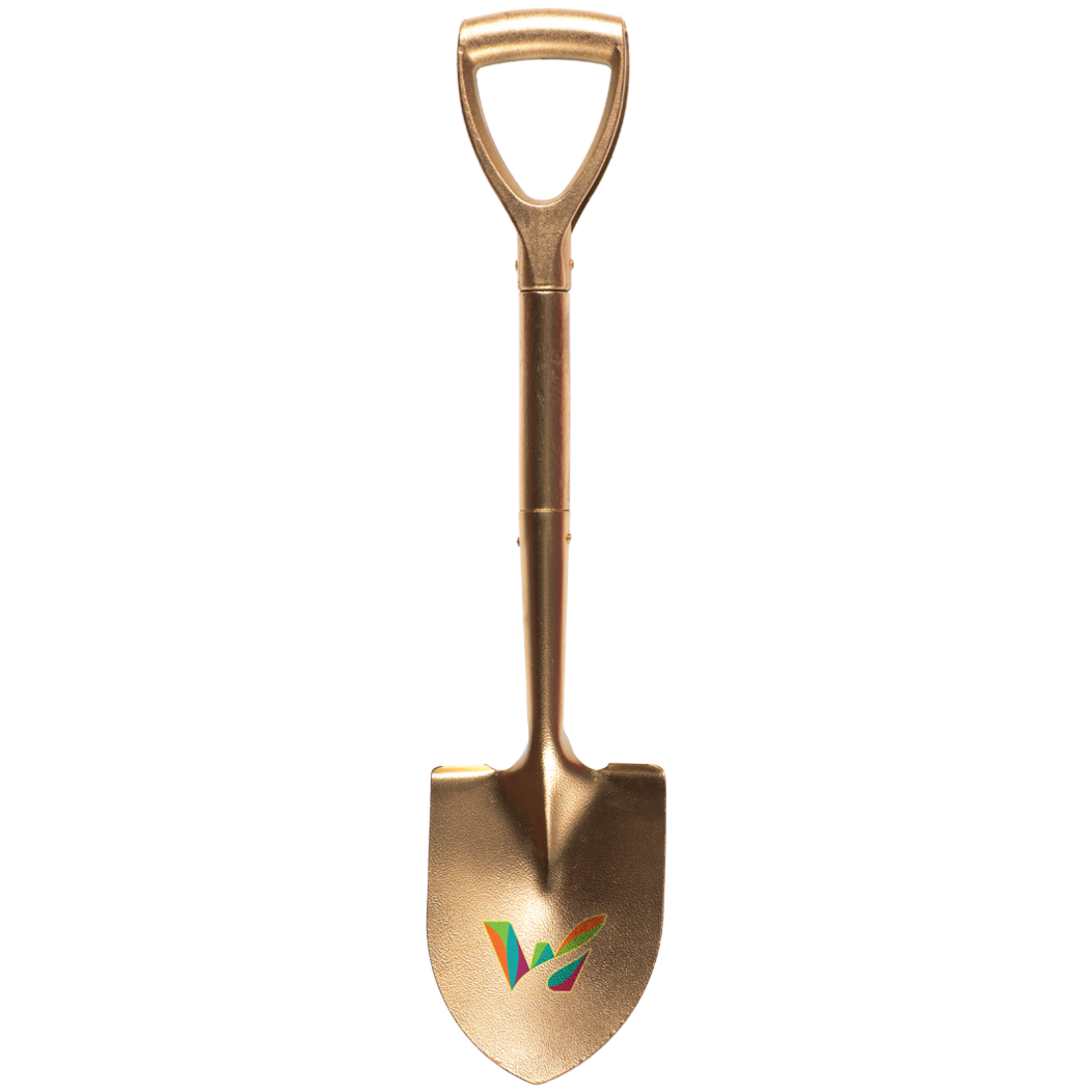 A brass shovel with the Waterbury, CT logo on the front