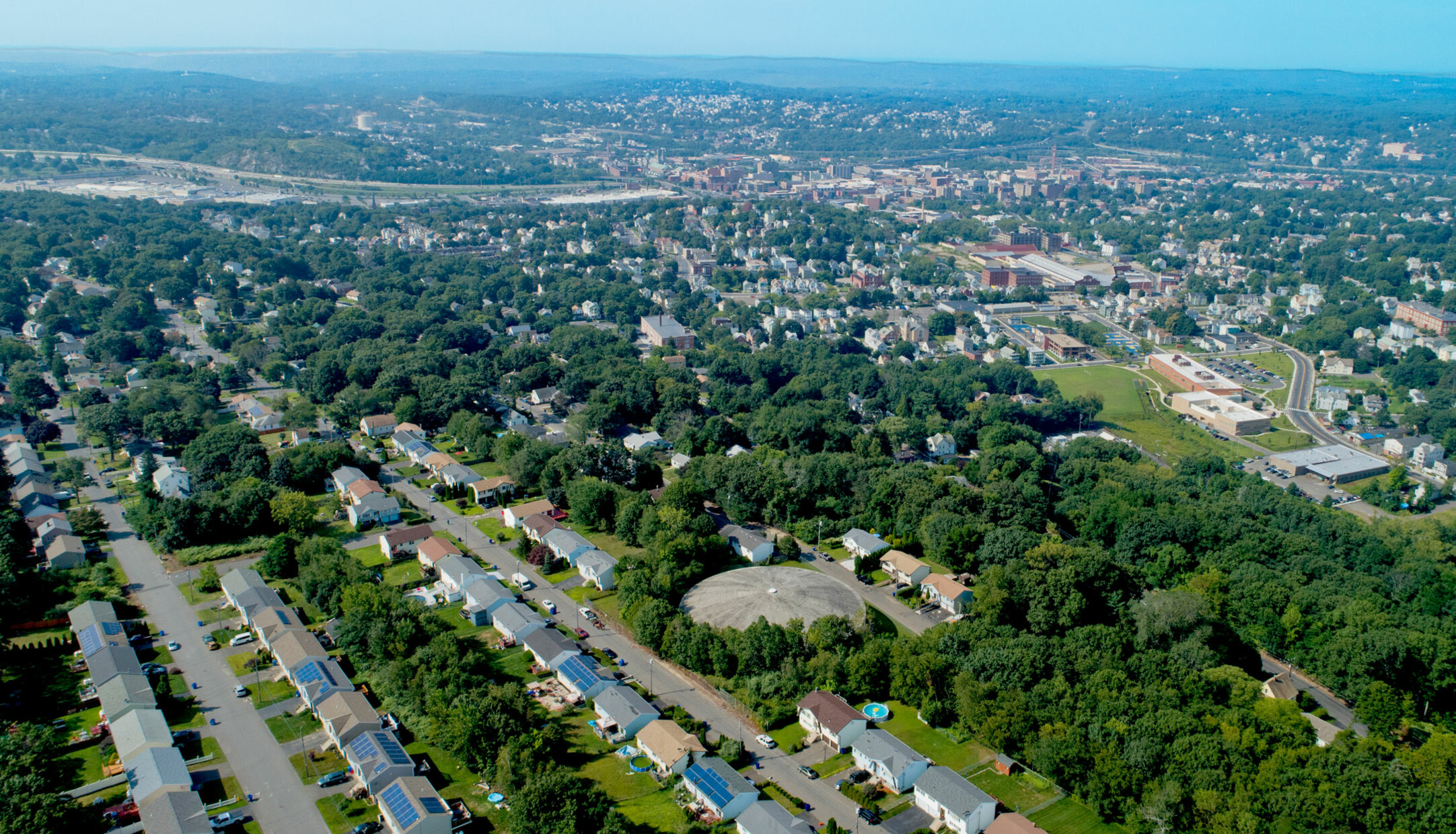 An aerial view of houses and streets in the Arlington neighborhood in Waterbury
