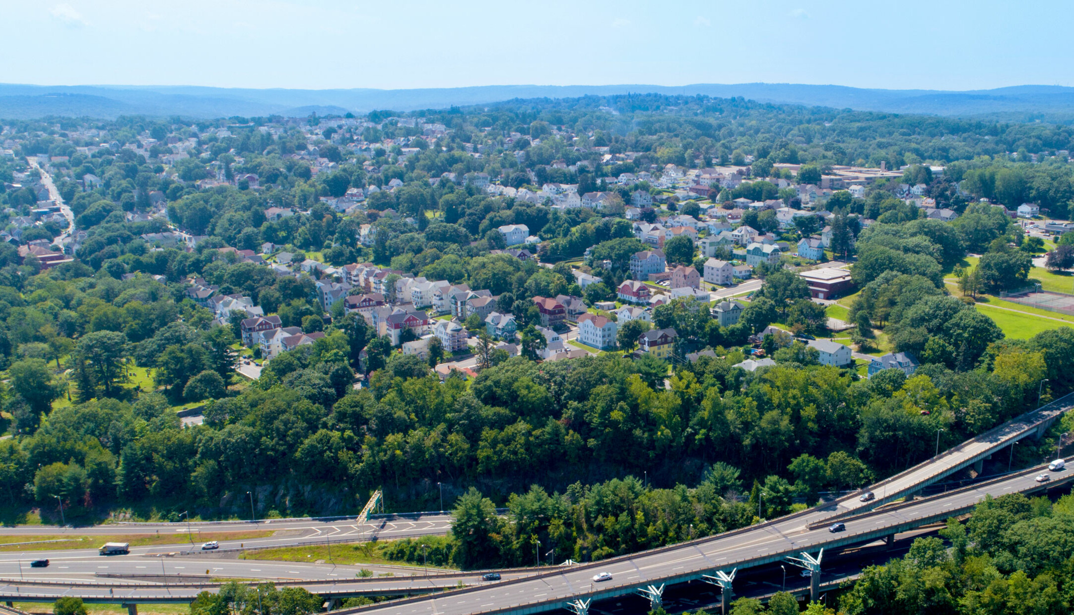 An aerial view of houses and streets in the Town Plot neighborhood in Waterbury