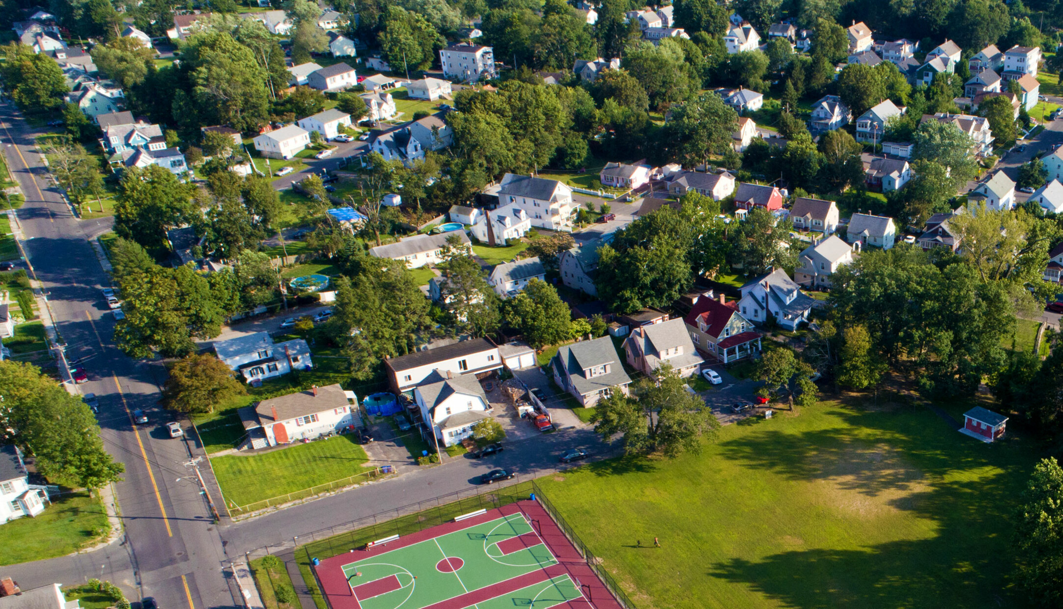 An aerial view of houses and streets in the Hopeville Park neighborhood in Waterbury