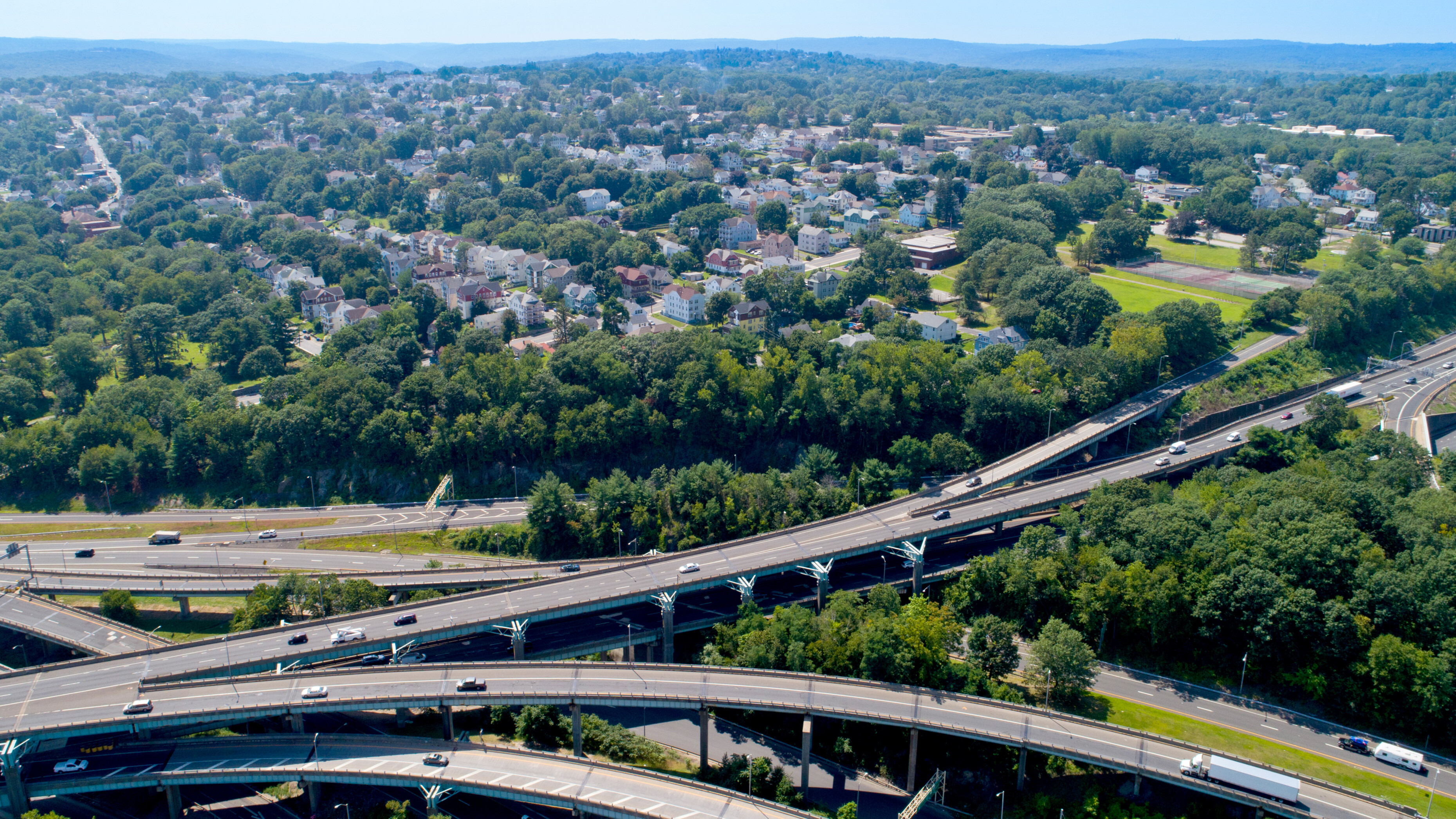 Aerial view of I-84 highway, Route 8 and the City of Waterbury.