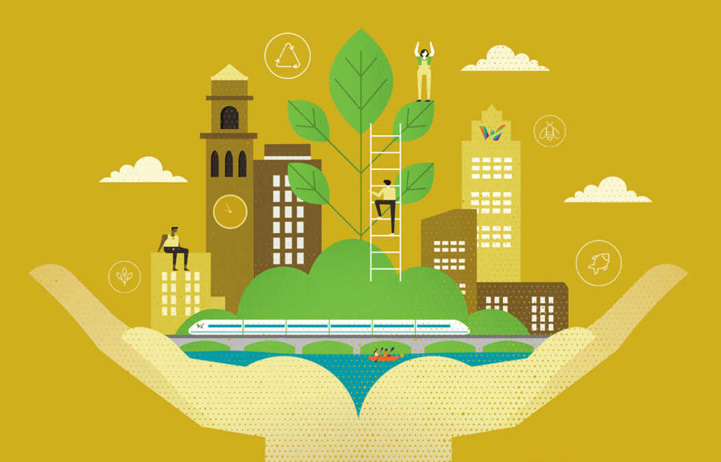 Graphic of two hands holding a growing city, large tree and waterway