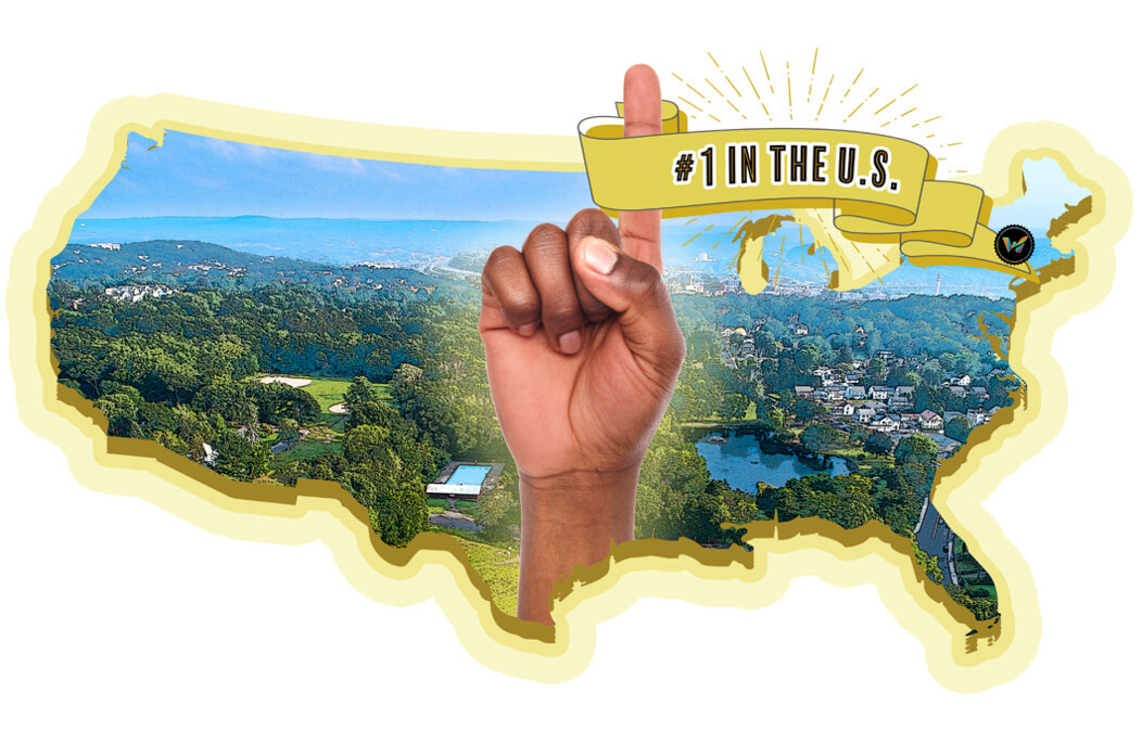 Collage with pointer finger raised on a hand and a ribbon naming Waterbury the Most Affordable Suburb with a City Feel in the United States
