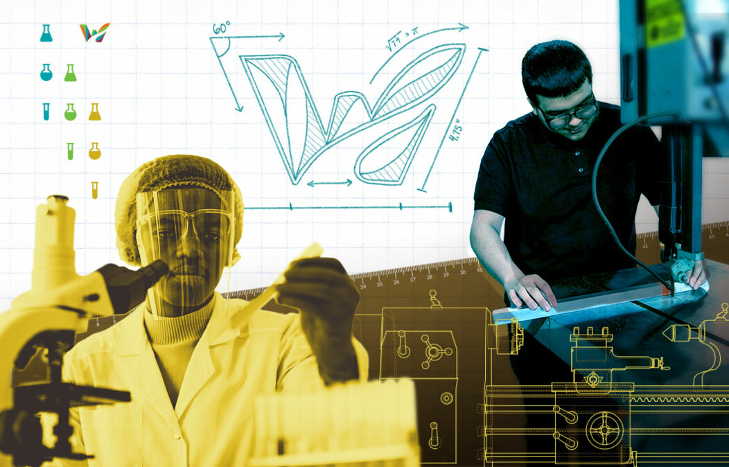 Photo of two people using science equipment and manufacturing machinery with a mathematical drawing of Waterbury logo