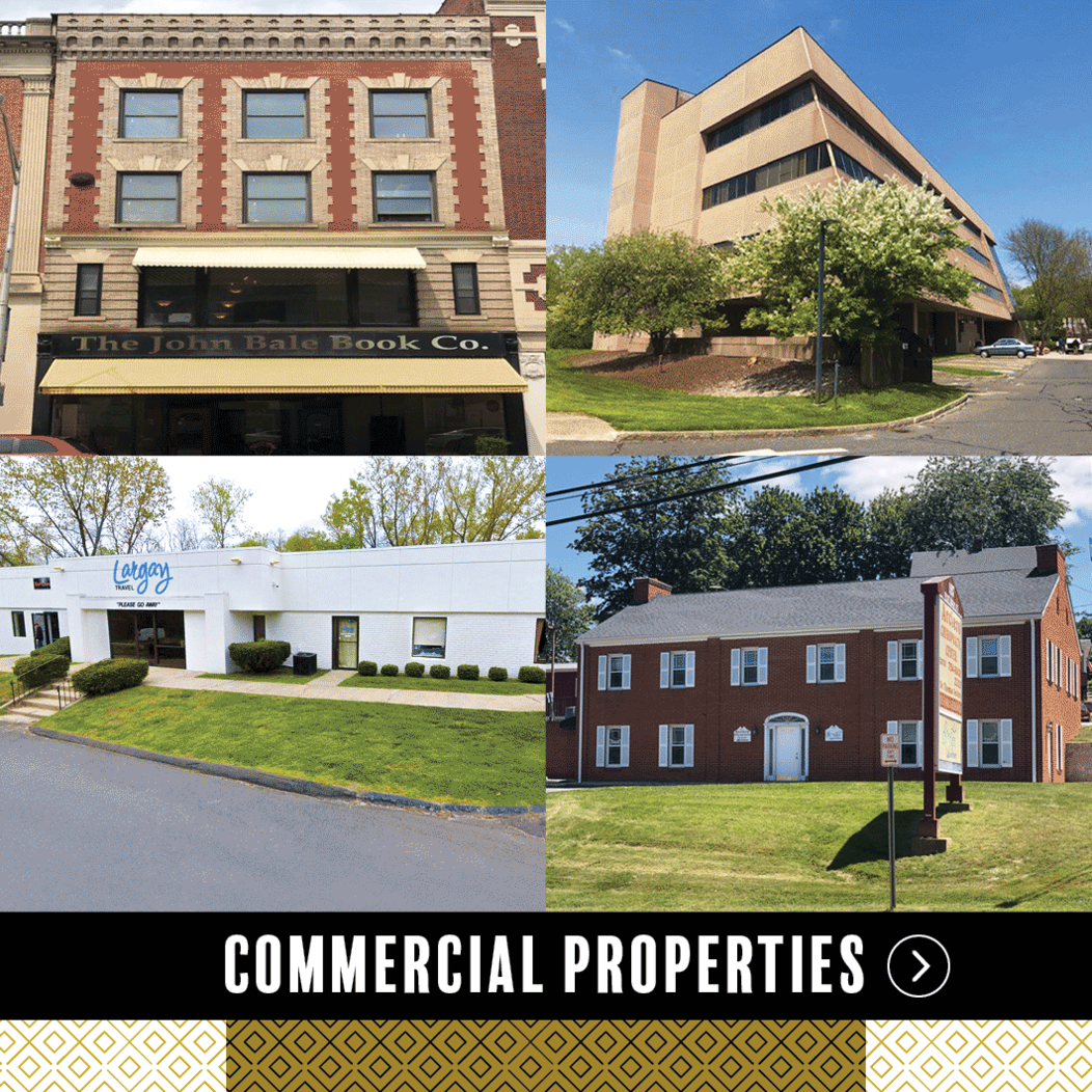 The exterior of four business buildings in Waterbury CT, representing Commercial Properties