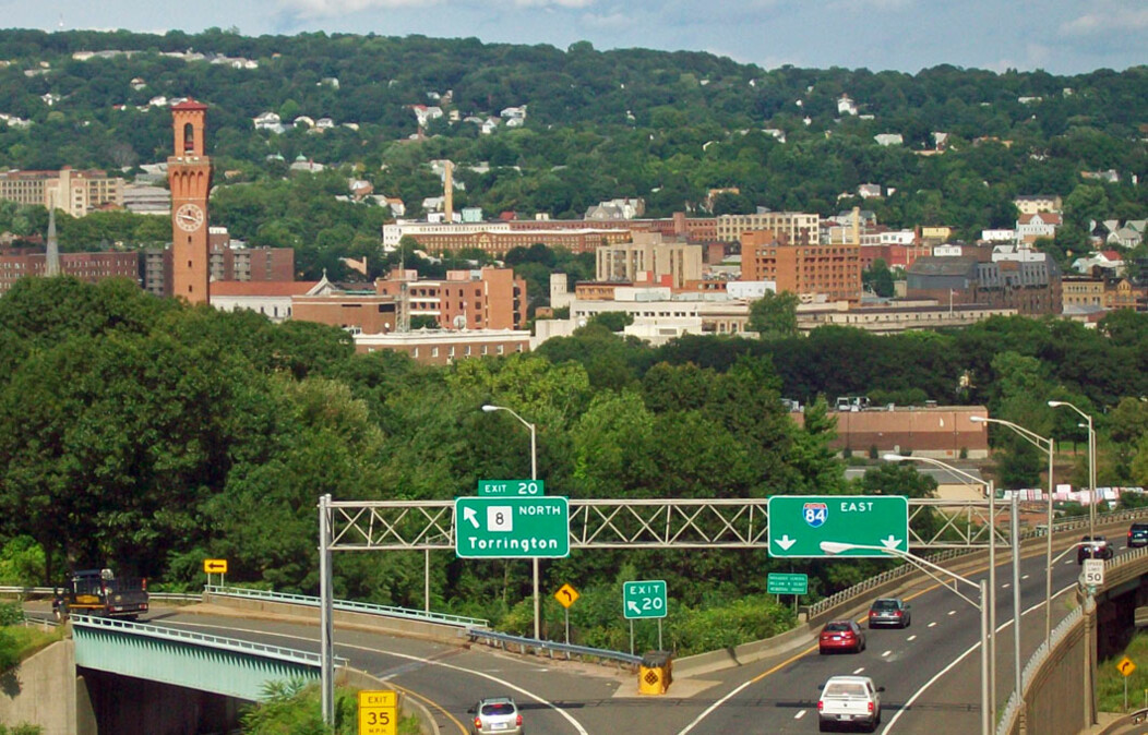 View of the city of Waterbury Connecticut and I-84 highway