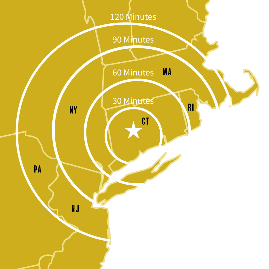 Brass colored map graphic of Connecticut and neighboring states to indicate distance from Waterbury
