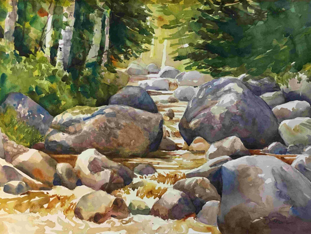 A nature painting featuring rocks, a stream and the woods from The Arts & Culture Collaborative in Waterbury