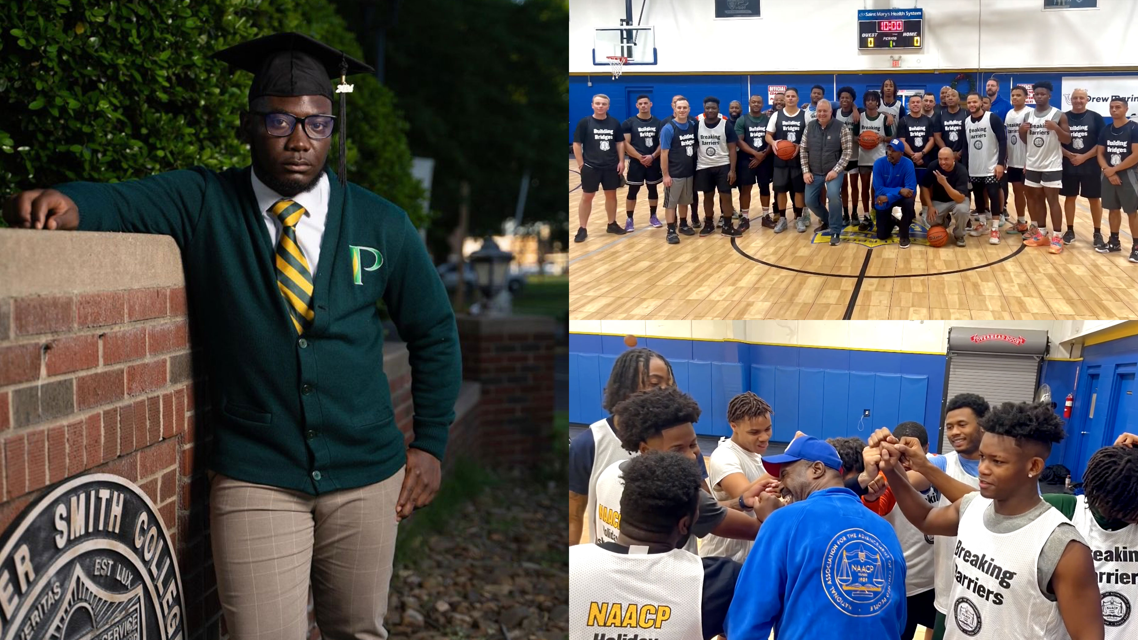 Three-part image of Amari Bradley, Fred Spagnolo, and the NAACP Youth Council basketball teams