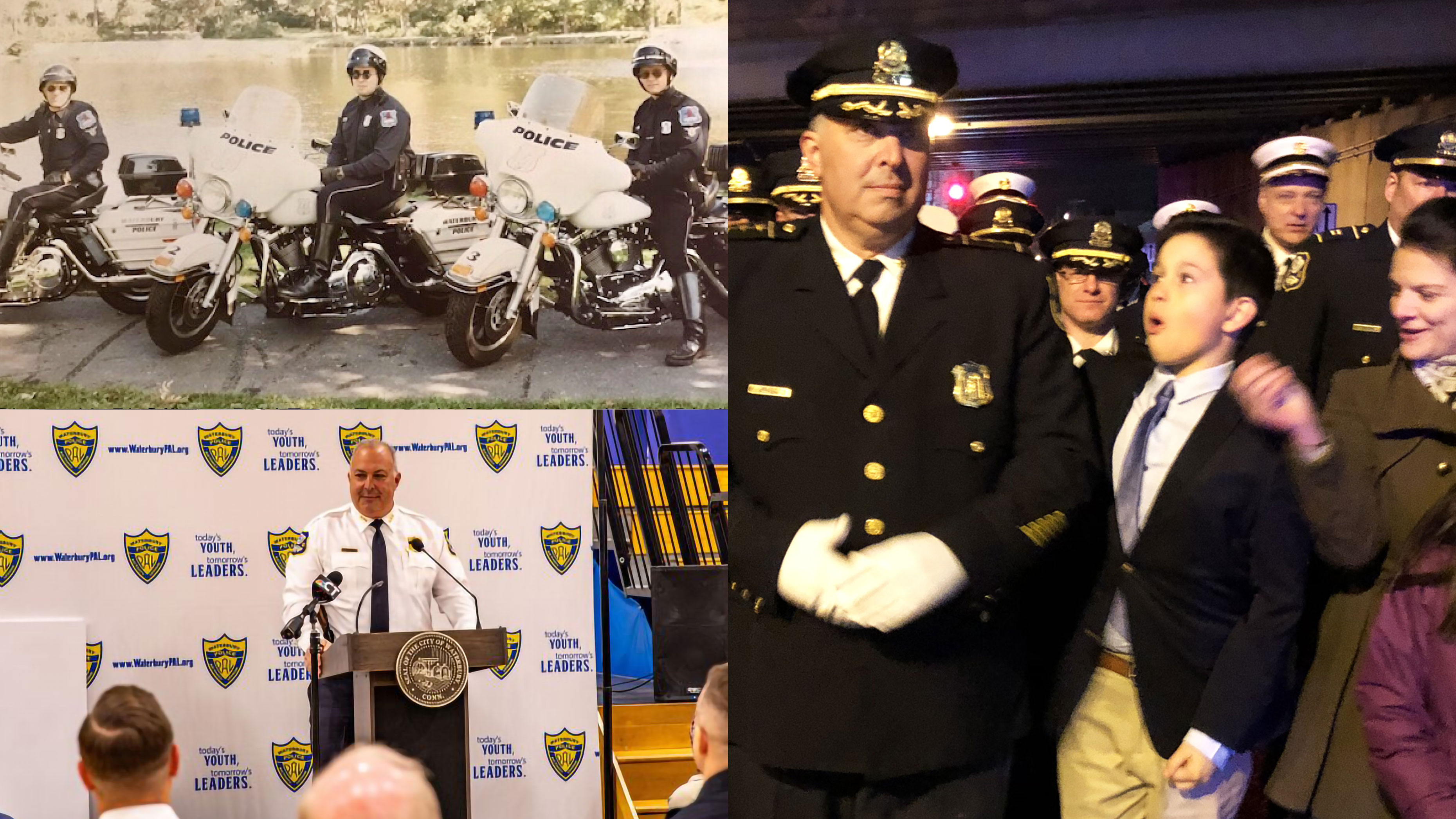 Three-part image showing the career of Waterbury, CT Chief of Police Fred Spagnolo